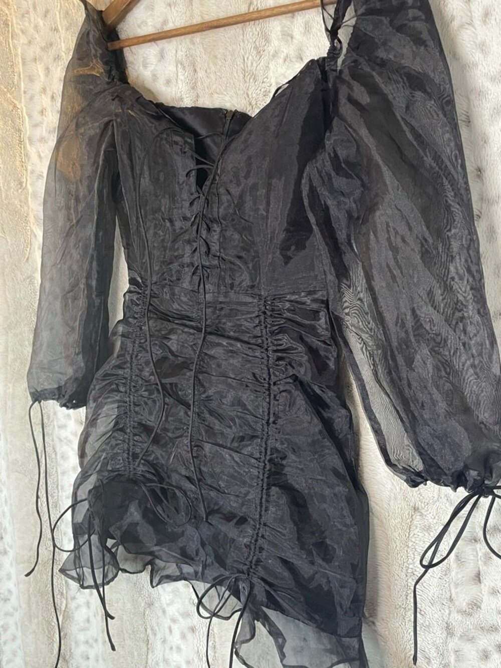 LIONESS Feng Shui Black Ruched Lace-Up Puff Sleeve Mini Dress NWT XS